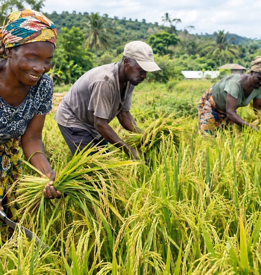 Rice farmers at work in a Liberian field